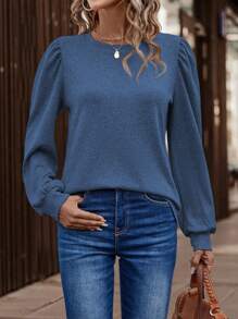 SHEIN Clasi 女式纯色圆领泡泡袖休闲 T 恤，秋季 - 藍色 - 查看 4