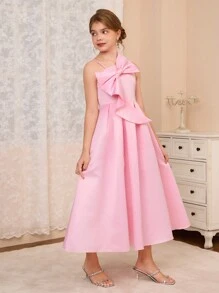 Tween Girls Elegant Fuchsia Asymmetric Shoulder Big Bow Decor Party Dress, Suitable For Formal Events Such As Gala, Christmas, Thanksgiving, Birthday, Wedding And More - Pink - View 4