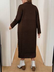 Calvaya Plus Size Casual Solid Color Long Cardigan & Sweater Dress Set, Autumn/Winter - Coffee Brown - View 2