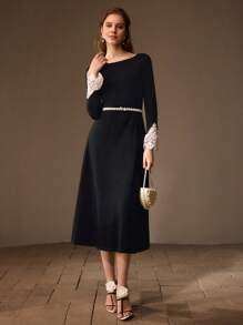 MOTF PREMIUM BOAT NECK CONTRAST GUIPURE LACE FLARE SLEEVE DRESS WITHOUT BELT - Black - View 5