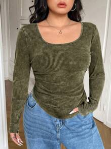 SHEIN EZwear Plus Size Asymmetric Hem Tight-Fitting T-Shirt, Distressed Acetate Fabric, Scoop Neck - Army Green - View 1