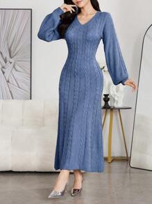 Modelyn Women's Casual Solid Color V-Neck Twist Rope Sweater Dress, Autumn/Winter - Dusty Blue - View 5