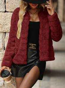 SHEIN Clasi Women's Elegant Fluffy Collar Solid Color Jacket, Autumn/Winter - Red - View 3