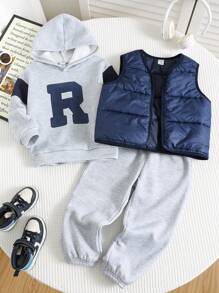 3 件装年轻男童休闲纯色加厚保暖无袖派克大衣背心外套 + 字母图案印花连帽宽松运动衫 + 宽松抽绳裤 3 件套服装，适合通勤、上学、休闲、度假、运动、春夏秋冬 - 彩色 - 查看 1