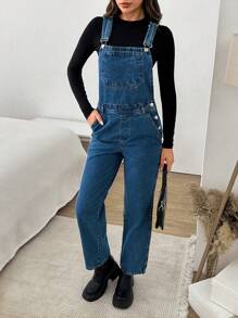 RueChic WOMEN SLANT POCKET DENIM PINAFORE JUMPSUIT - Medium Wash - View 6