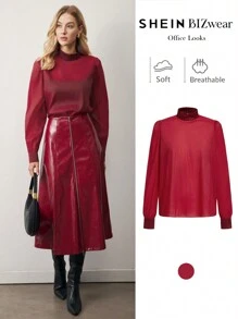 BizChic 圣诞红色透明长袖衬衫，女士办公室服装，春夏，圣诞派对，感恩节，新年，优雅， - 酒紅色 - 查看 1