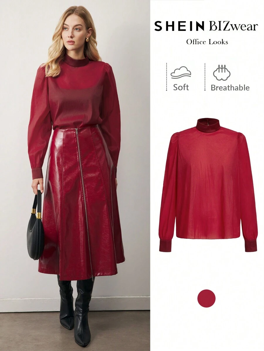 BizChic 圣诞红色透明长袖衬衫，女士办公室服装，春夏，圣诞派对，感恩节，新年，优雅， - 酒紅色 - 查看 1