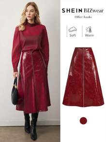 BizChic 圣诞红色PU皮裙，适合节日派对、办公室通勤、圣诞节、感恩节、新年等场合，优雅百搭。 - 酒紅色 - 查看 1