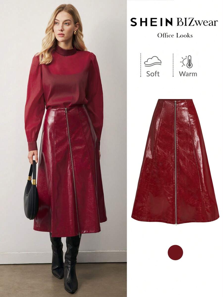 BizChic 圣诞红色PU皮裙，适合节日派对、办公室通勤、圣诞节、感恩节、新年等场合，优雅百搭。 - 酒紅色 - 查看 1