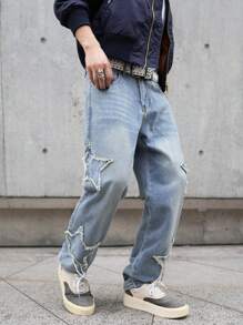 Manfinity EMRG Straight Leg Jeans, Casual And Fashionable For Daily Wear, Frayed Plain Straight Leg Light Blue Washed Cargo Jeans, For Husband, Boyfriend Gifts