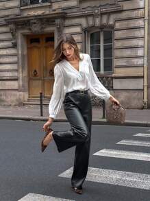 Pariaura Damen einfarbiges minimalistisches V-Ausschnitt Langarm leichtes Hemd, Lässig für Frühling, Herbst und alle Jahreszeiten