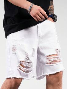 Manfinity EMRG Quần short denim ống rộng màu trơn có túi đơn giản, đa năng, đi chơi, quần short denim trắng rộng thùng thình, dành tặng chồng, bạn trai - trắng - Xem 3