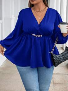SHEIN CURVE+ Áo sơ mi peplum tay loe cổ chữ V màu xanh cỡ lớn cho nữ - Màu xanh lam - Xem 5