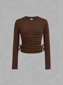 SHEIN Girlism 4pcs/Set Tween Girls Slim Fit Casual Comfortable Wave Collar Heart Print Long Sleeve T-Shirts - Brown - View 4