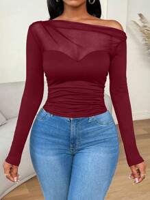 Zolique Women's Autumn Long Sleeve Oblique Shoulder Mesh Spliced Ruched T-Shirt For Spring Fall Cloth For Women - Burgundy - View 3