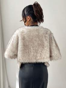 SHEIN Privé Women Winter Solid Color Open Front Short Loose Fluffy Jacket - Coffee Brown - View 3