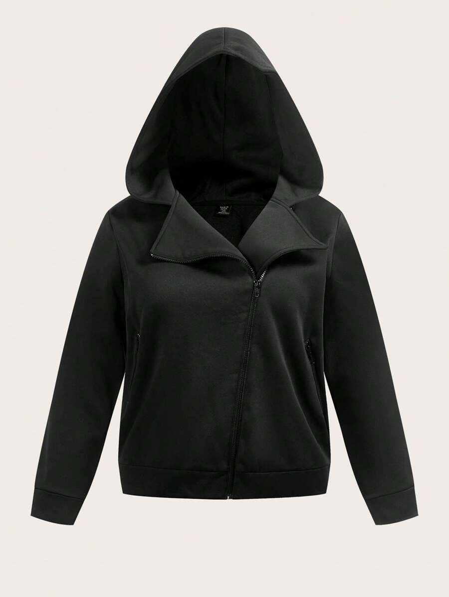 SHEIN EZwear 大码女式羊毛夹克,女式冬季夹克,纯色前拉链长袖简约休闲连帽夹克 - 黑與白 - 查看 1