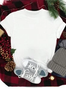 SHEIN LUNE 圣诞节休闲印花圆领短袖 T 恤，适合送礼图案 T 恤女式上衣 - 白色 - 查看 2