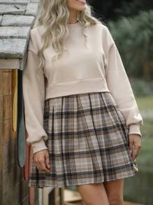LanaWest 1pc Women Plaid Patchwork Long Sleeve 2 In 1 Dress