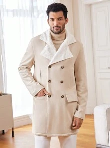 Manfinity Homme Men's Casual Daily Contrast Collar Double-Breasted Autumn/Winter Vacation Overcoat, For Friends, Husband, Boyfriend Gifts - Apricot - View 5