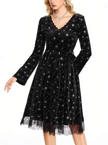 ROMWE Hippie Women Velvet & Lace Trim Floral Bohemian Mini Dress