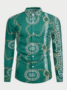 Manfinity Homme Camisa de manga larga estampada casual y retro para hombres, otoño