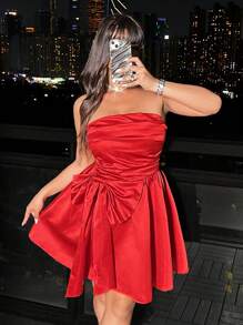 Allurite Plus Size Valentine's Day Strapless A-Line Dress With Plus Size Bow Decor For New Year Clothes