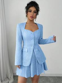 SHEIN Unity 2 件套女士套装 - V 领粉色修身西装外套 + 百褶裙，适合秋季 - 藍色 - 查看 4