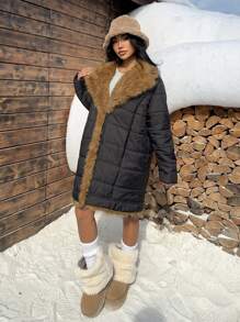 SHEIN EZwear معطف قصير متوسط السمك مزود بياقة من فرو اصطناعي أسود، تصميم جديد للشتاء - الأسود - مشاهدة 4
