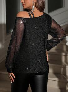 SHEIN Clasi Áo thun lưới bóng dài tay cổ bất đối xứng cỡ lớn cho nữ - màu đen - Xem 2
