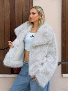 SHEIN EZwear 女士纯色宽松宽翻领蓬松长袖冬季外套 - 杏色 - 查看 6