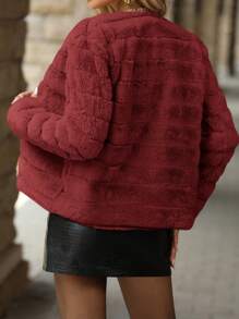 SHEIN Clasi Women's Elegant Fluffy Collar Solid Color Jacket, Autumn/Winter - Red - View 2