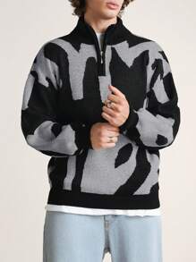 EURMUSE Men Graphic Pattern High Neck Half Zipper Sweater - Dark Grey - View 4