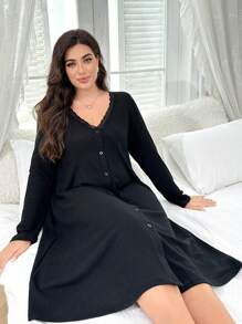 Plus Size Women Long Sleeve Single Breasted Casual Floral Trim Sleep Dress - Black - View 5