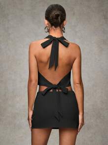 SHEIN BAE Women's Khaki Solid Retro Casual Commuting Versatile Halter Backless Tied Top And Low-Waist Mini Skirt Set/ Top And Skirt Set / Business Women Clothes / Going Out Skirt - Black - View 2