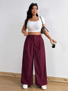 Flirla Plus Size High Waist Corduroy Wide Leg Pants For Women, Loose Fit Flattering Casual Trousers, Autumn/Winter