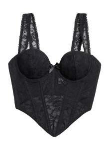 Camiseta de tirantes asimétrica de encaje sexy - Negro - Ver 7