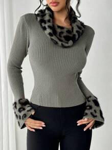 Elenzga Áo len cổ cao dày dặn, kiểu dáng châu Âu và Mỹ, màu nâu da báo, chất liệu jacquard mềm mại, ôm sát người, thích hợp cho hoạt động ngoài trời, ăn uống và mặc thường ngày. Áo len dệt kim mùa thu. - Xám - Xem 3