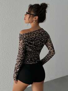 SHEIN EZwear Women's Leopard Print Asymmetric Neckline Ruched Fitted Long Sleeve Top - Mocha Brown - View 2