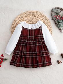 Cozy Pixies 女婴可爱彼得潘领蝴蝶结装饰格子印花长袖连衣裙，适合春秋冬季休闲装百搭百搭外出、圣诞节、新年、度假、生日、派对等场合 - 彩色 - 查看 2
