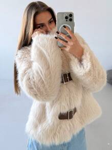 Aloruh Women Stand Collar Fitted Long Sleeve Fluffy Button Apricot Jacket, Warm For Autumn/Winter - Apricot - View 6