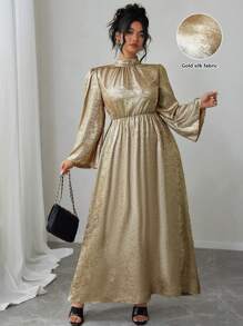 Celure Plus Size Elegant Metallic Flared Sleeve Dress, Autumn For New Year Holiday Party Clothes Maxi Women Outfit
