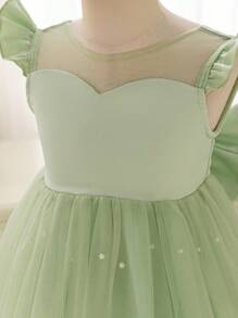 Glamorique Kids 圣诞小女孩派对礼服、圣诞老人礼服、新年礼服 - 薄荷绿网纱蓬蓬裙，白色荷叶袖，蝴蝶结露背，缎面面料，适合圣诞节、万圣节、婚礼、钢琴演奏会、舞台表演等场合。 - 綠色 - 查看 7
