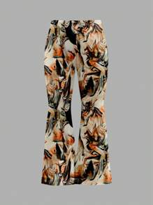 Slaydiva Plus Size Women's Casual Minimalist Floral Print Flare Pants, Elegant Flared Trousers For Spring & Autumn