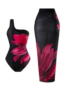 Swim Oasis 大码女式连体花卉印花泳衣，夏季海滩 - 彩色 - 查看 2