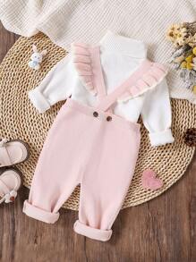 SHEIN Vintaside Kids 女宝宝蓝色背带裤保暖舒适连体裤，时尚休闲秋冬季款，适合日常生活、外出和旅行 - 粉色 - 查看 2