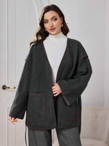 Seusyu 复古硬币压花长袖短夹克，高端品质，收腰设计，2024 年秋冬 - 灰色 - 查看 5