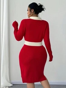 Celure Plus Size Women Fitted Contrast Color Collared Split Sweater Dress, Autumn/Winter For New Year Clothes