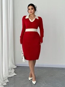 Celure Plus Size Women Fitted Contrast Color Collared Split Sweater Dress, Autumn/Winter For New Year Clothes
