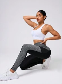 Easithlete Contrast Color Patchwork Wide Waistband Side Pocket Sports Leggings - Black - View 5